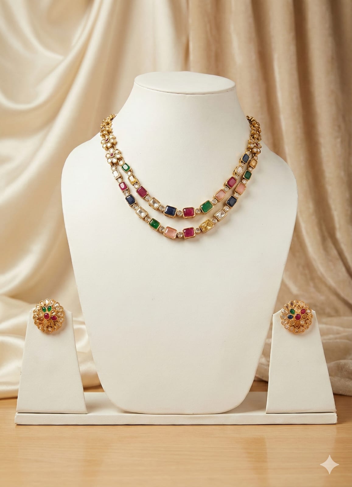Royal Navratna Kundan Necklace Set with Floral Stud Earrings
