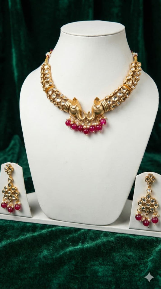 Kundan Ganesha Temple Necklace Set with Ruby Beads