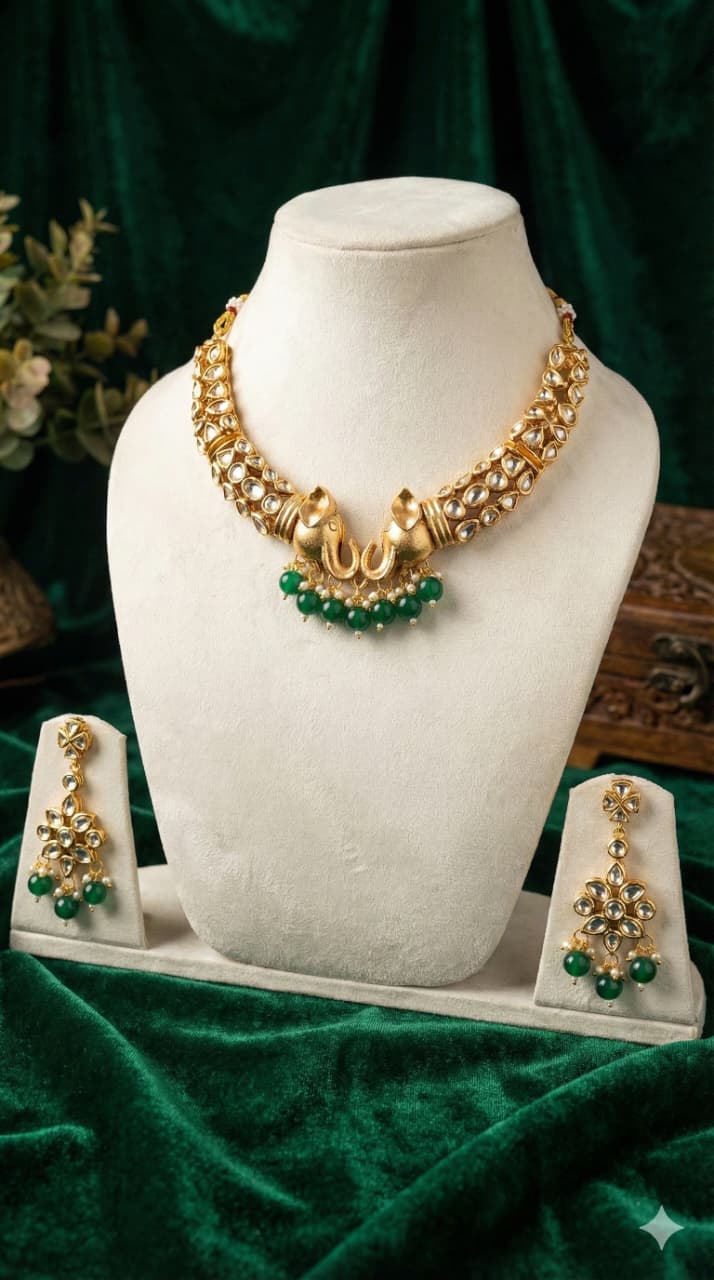 Royal Elephant Kundan Necklace Set with Green Beads