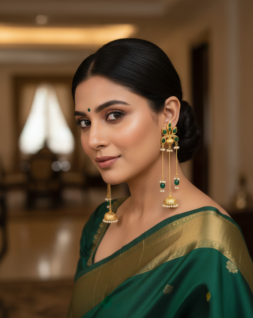 Emerald Drop Jhumka Earrings – Premium Gold Plated