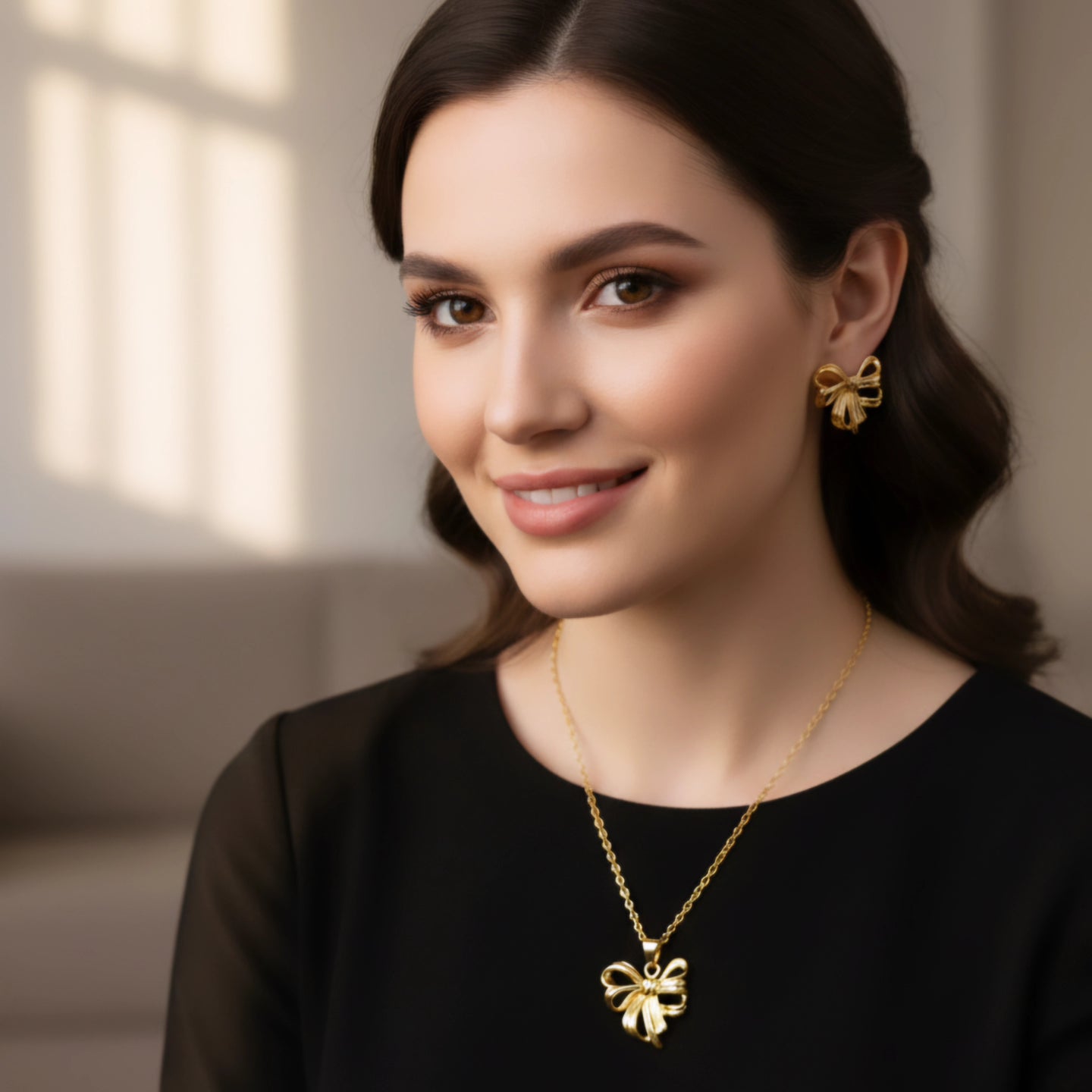 Anti-Tarnish Bow Chain Pendant Set – Necklace & Earrings