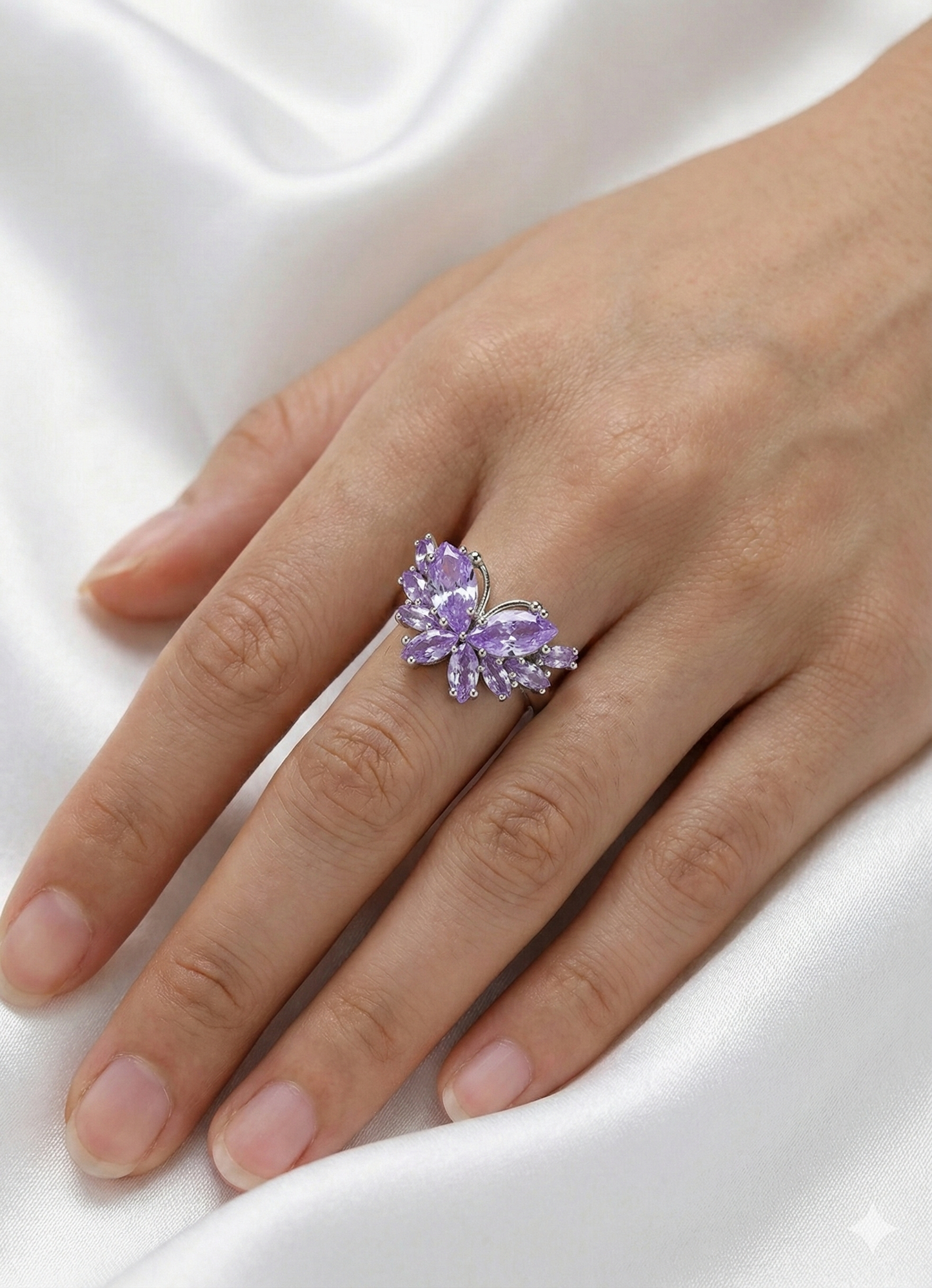 Premium Anti-Tarnish Adjustable Butterfly Ring – Lavender Crystal