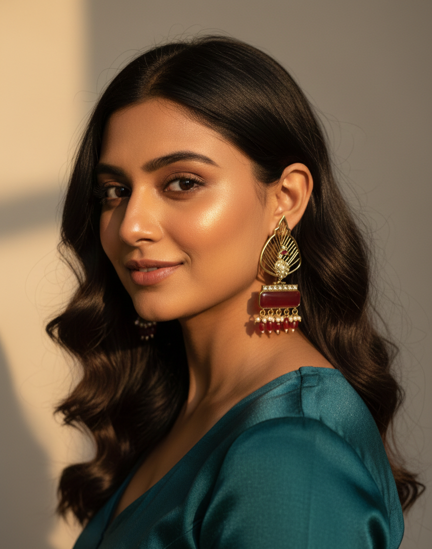 Royal Peacock Drop Earrings – Red Stone & Pearl Detailing