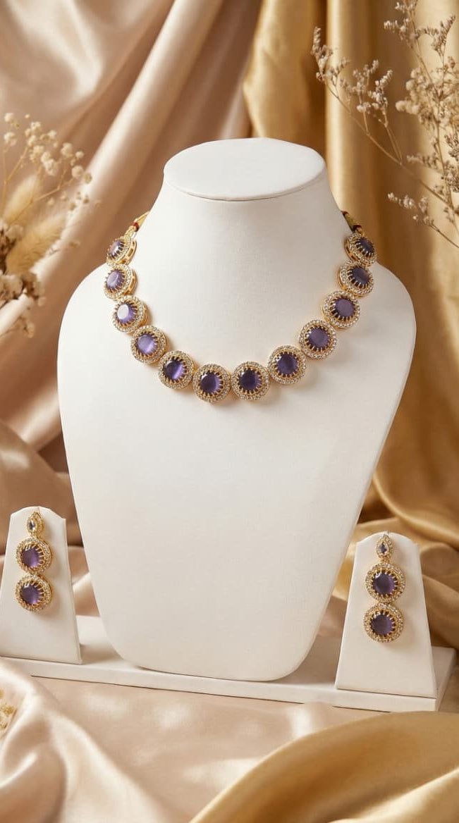 Elegant Lavender Stone Necklace & Earrings Set – Gold Finish
