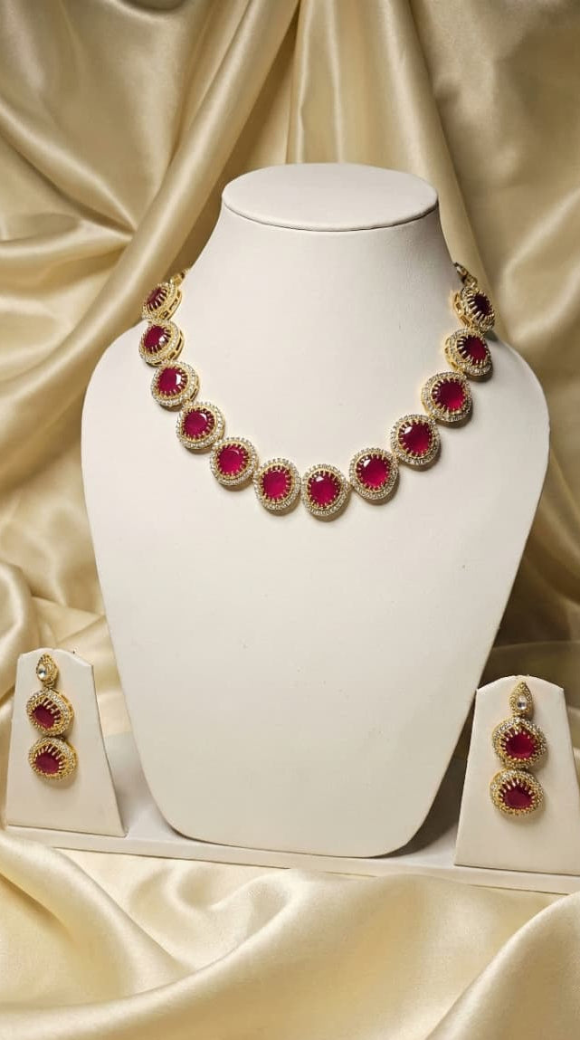Royal Ruby Red Stone Necklace Set with Matching Earrings – Gold Finish