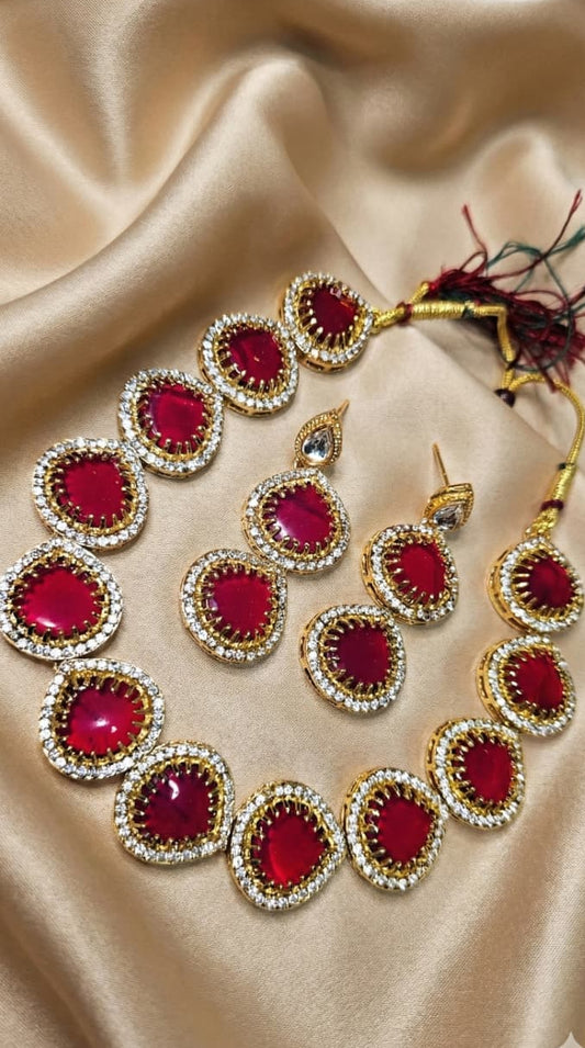 Royal Ruby Red Stone Necklace Set with Matching Earrings – Gold Finish