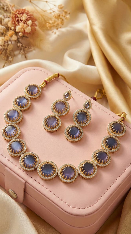 Elegant Lavender Stone Necklace & Earrings Set – Gold Finish