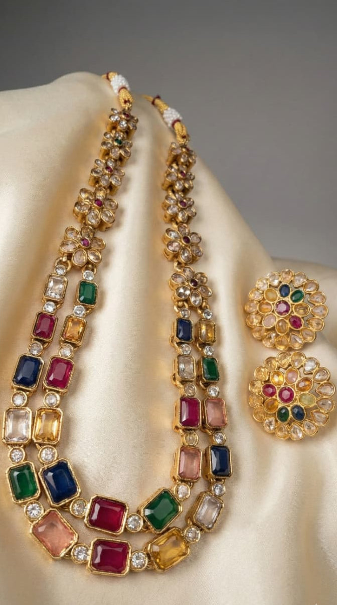 Royal Navratna Kundan Necklace Set with Floral Stud Earrings