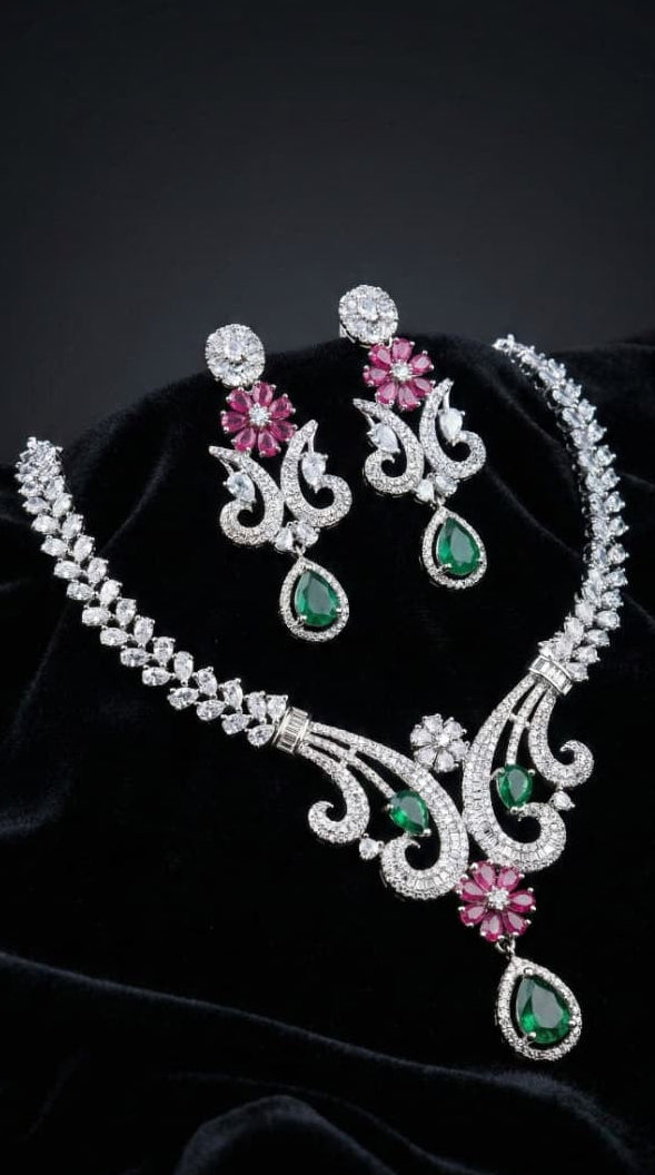 Elegant Emerald & Ruby Floral Diamond Necklace Set