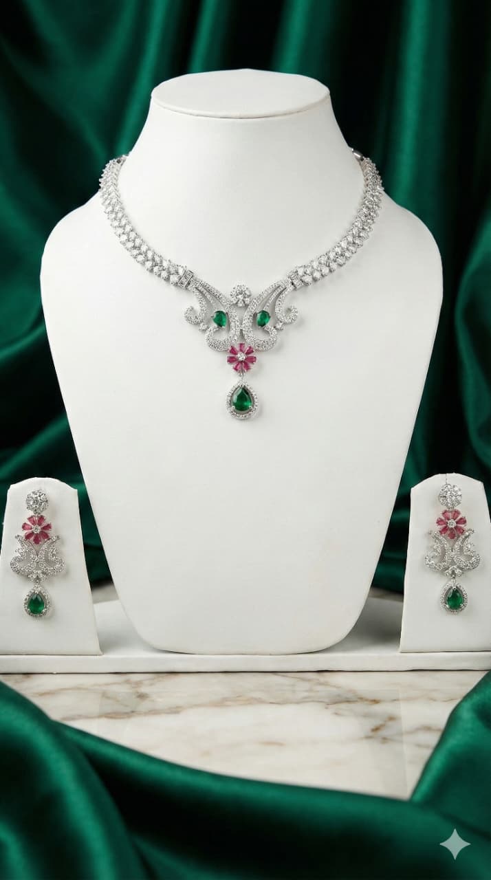 Elegant Emerald & Ruby Floral Diamond Necklace Set