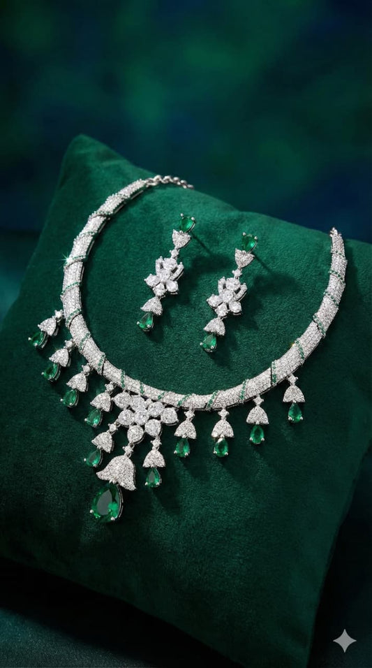 Royal Emerald Diamond Necklace Set with Drop Earrings – Elegant Bridal & Party Wear
