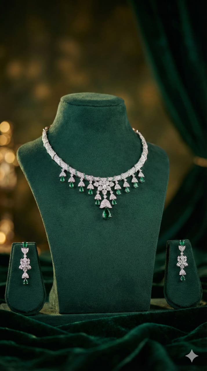 Royal Emerald Diamond Necklace Set with Drop Earrings – Elegant Bridal & Party Wear