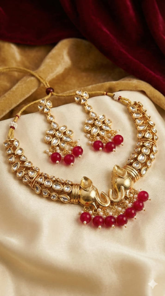 Kundan Ganesha Temple Necklace Set with Ruby Beads