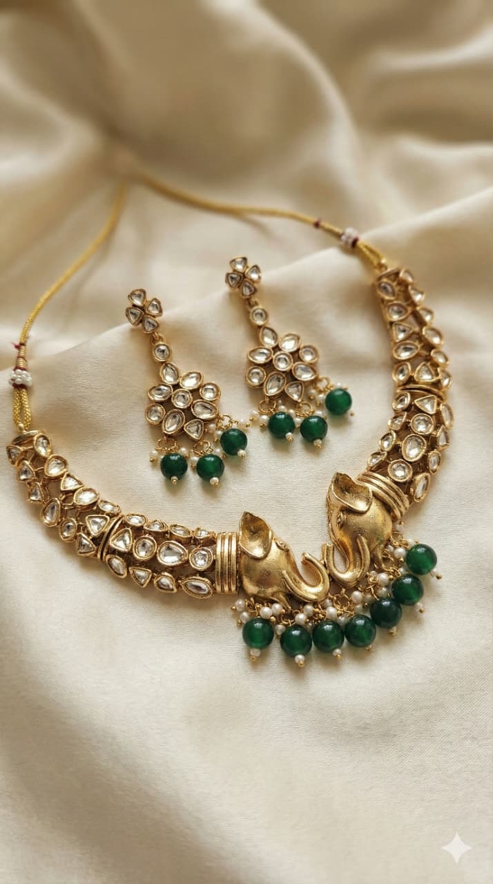 Royal Elephant Kundan Necklace Set with Green Beads