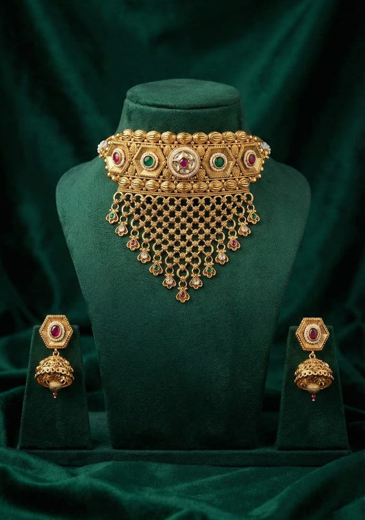 Navratna-Inspired Mesh Choker & Jhumka Set