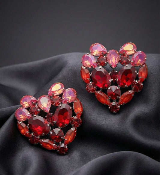 Fiery Ruby Crystal Mosaic Heart Earrings
