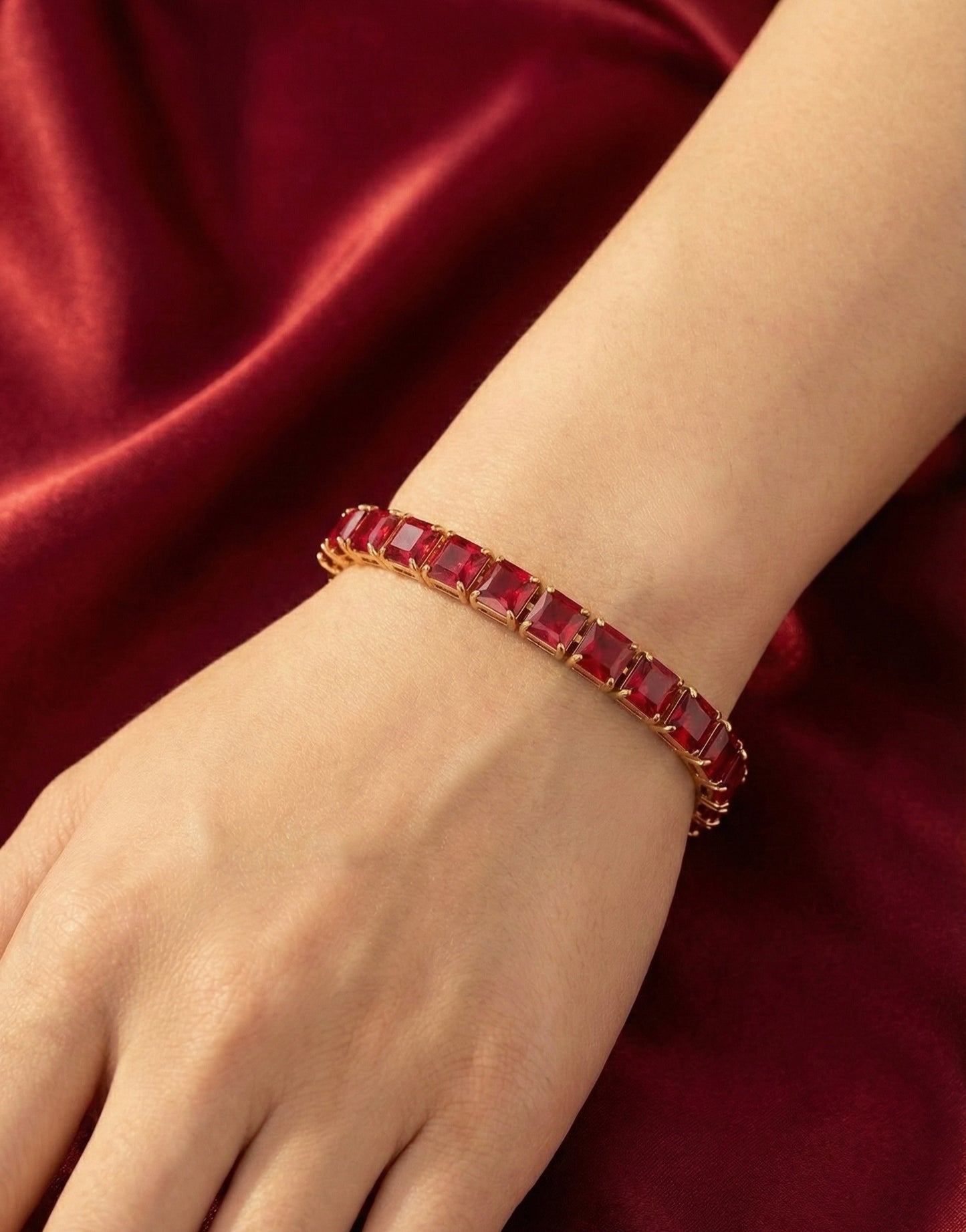 Premium Ruby-Tone Tennis Bracelet – Anti-Tarnish Finish