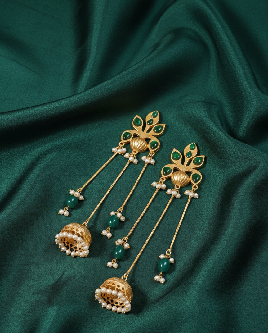 Emerald Drop Jhumka Earrings – Premium Gold Plated