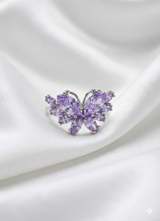 Premium Anti-Tarnish Adjustable Butterfly Ring – Lavender Crystal