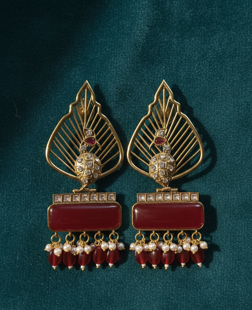 Royal Peacock Drop Earrings – Red Stone & Pearl Detailing