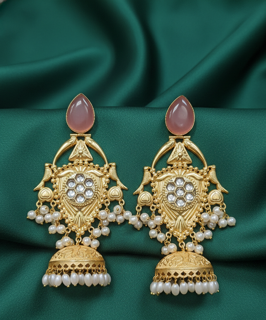 Royal Pearl Jhumka Earrings – Antique Gold Finish