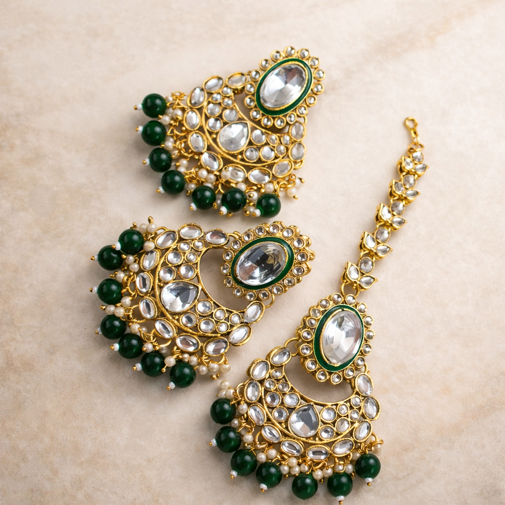 Traditional Kundan Necklace Set with Maang Tikka & Earrings