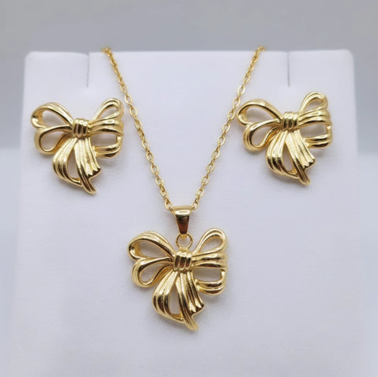 Anti-Tarnish Bow Chain Pendant Set – Necklace & Earrings