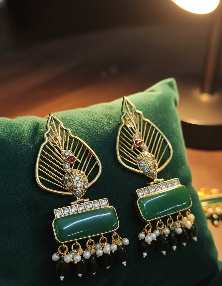 Peacock-Inspired Green Stone Statement Earrings